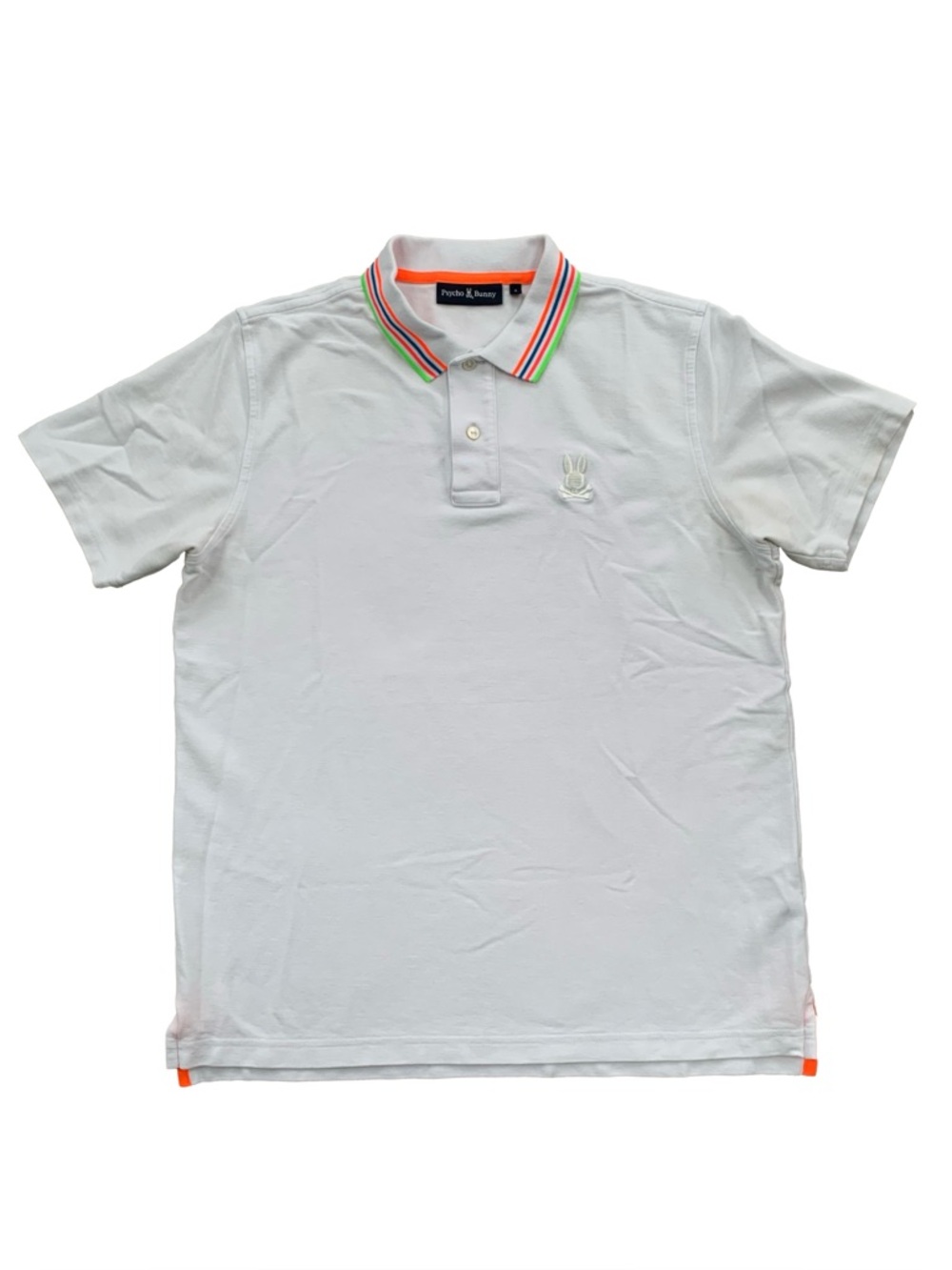 Psycho Bunny Men's Size 5, Medium White Athens Pique Polo Neon Stripe Collar